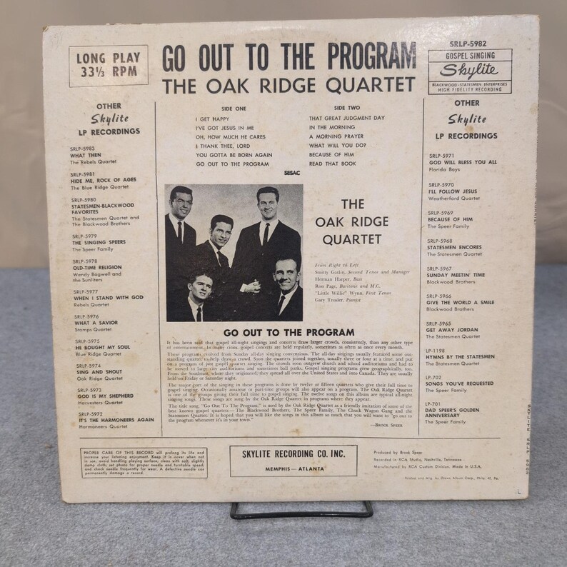 The Oak Ridge Quartet Go Out To The Program Vinyl LP Skylite SRLP-5982 Gospel image 2