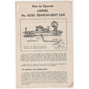 Vintage Lionel No 6520 Searchlight Car Instruction Sheet O Gauge Train Manual image 1