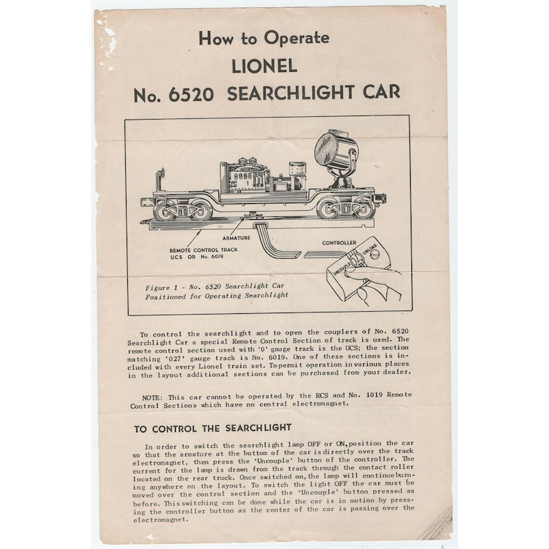 Vintage Lionel No 6520 Searchlight Car Instruction Sheet O Gauge Train Manual image 1