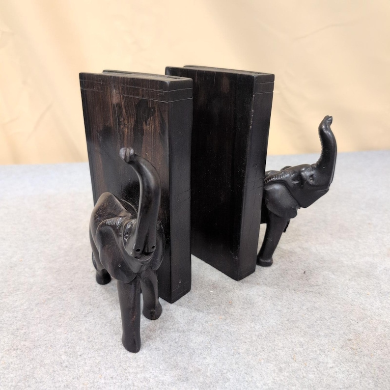Vintage Hand Carved Wooden Elephant Bookends Dark Wood Broken Leg image 1