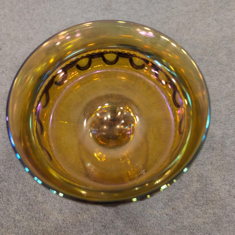Vintage Indiana Glass Kings Crown Amber Carnival Glass Compote Iridescent Bowl image 6