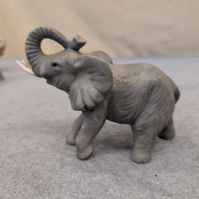 Vintage Matte Gray Ceramic Elephant Figurine Raised Trunk Made in Taiwan image 1