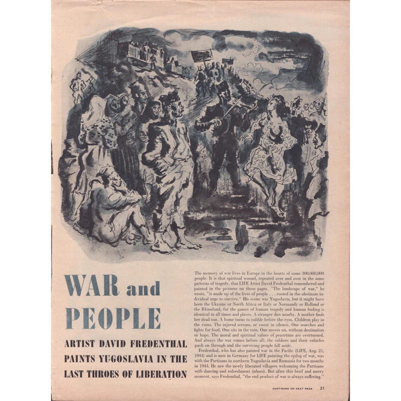 Vintage David Fredenthal War Art Yugoslavia Liberation Magazine Article 1940s image 1