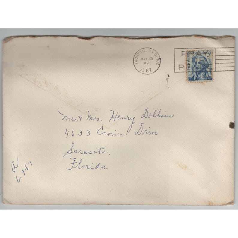 Vtg 1967 Postmarked Envelope Taunton MA to Sarasota FL George Washington Stamp image 1