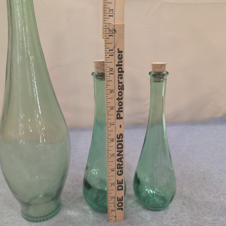 Vintage Green Glass Vase and Bottle Set 3 Piece Teardrop Decor with Corks image 3