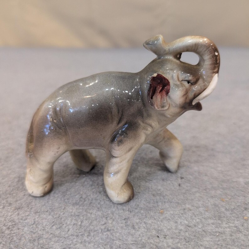 Vintage Ceramic Elephant Figurine Trunk Up Good Luck Glossy Grey Tan Painted image 1