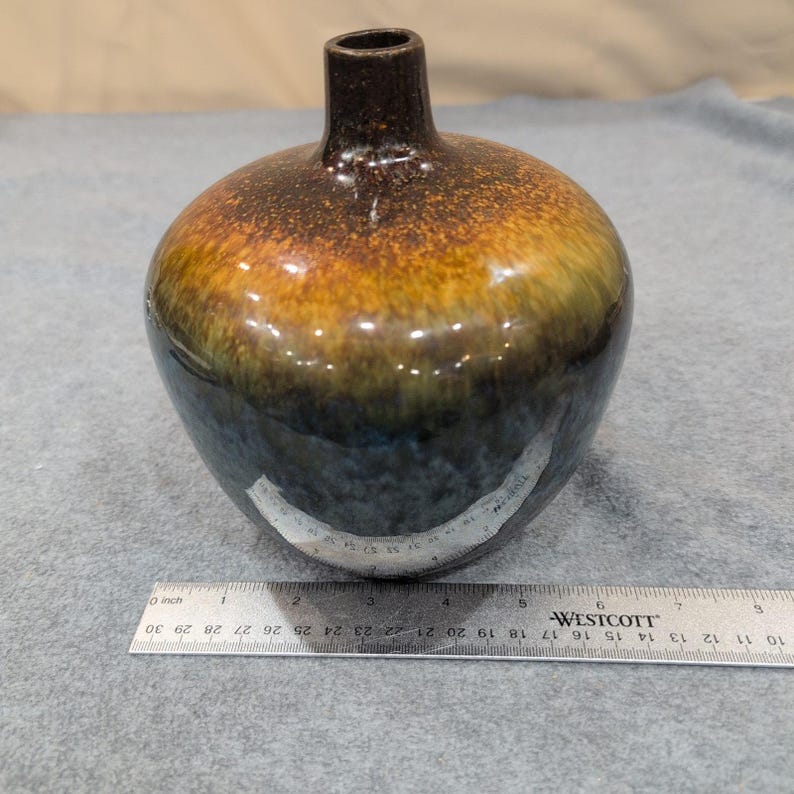 Unattributed Studio Pottery Vase Hand Thrown Stoneware Brown Blue Drip Glaze image 6