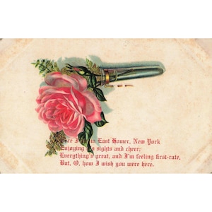 Vintage-Postkarte mit geprägter Rose, East Homer, New York, Deutschland, bedrucktes Blumengedicht Bild 1