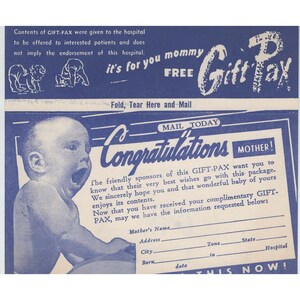 Vintage Gift-Pax Postkarte, Krankenhaus-Babywerbung, blau-weiß, Ephemera, VG+ Bild 1