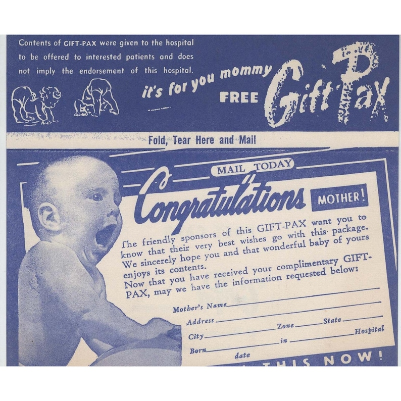 Vintage Gift-Pax Postkarte, Krankenhaus-Babywerbung, blau-weiß, Ephemera, VG+ Bild 1