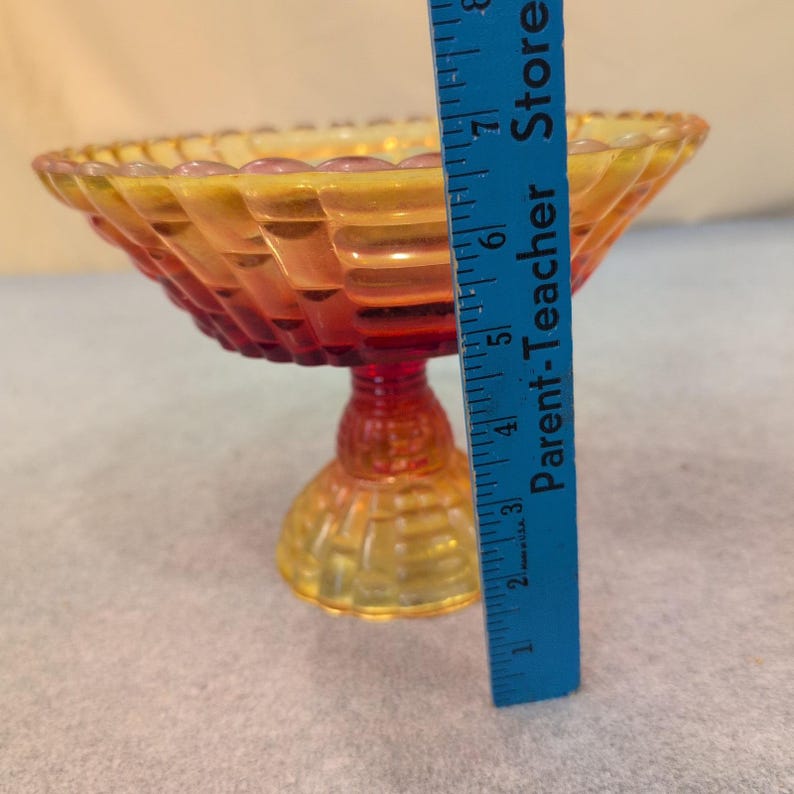 Vintage Amberina Glass Basketweave Compote Footed Candy Dish Red Yellow Scallop image 5
