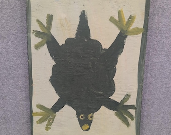 Mose T Signed Green Frog Painting Salvaged Wood 14" x 10.5" Moses Tolliver MoseT