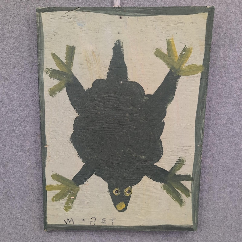 Pintura de rana verde firmada por Mose T. Madera recuperada. 35,5 x 26,7 cm. Moses Tolliver. MoseT. imagen 1