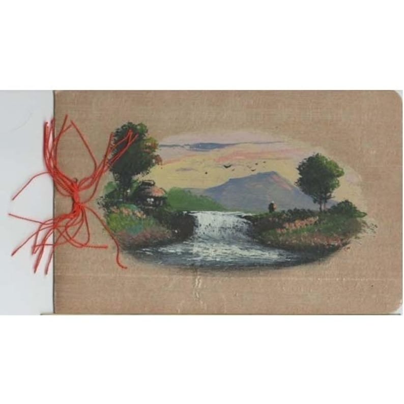 Vtg Hand Painted Christmas Card Waterfall Mountain Scene Silk Cord VG image 1