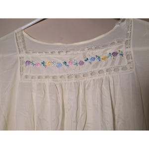 Vintage Ivory Long Sleeve Nightgown Lace Embroidered Floral Trim Sheer Nylon image 3
