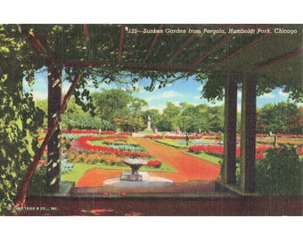 Vintage Humboldt Park Chicago Sunken Garden Pergola Linen Postcard Curt Teich