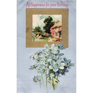 Tarjeta postal de cumpleaños vintage con relieve de flores azules y escena campestre, impresa en Alemania. imagen 1