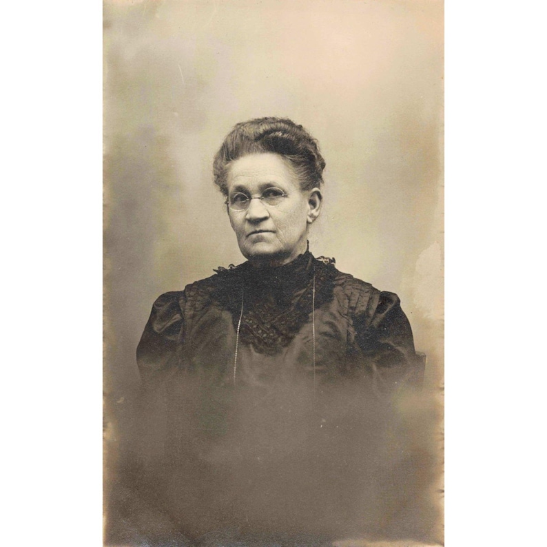 Antique RPPC Real Photo Postcard Elderly Woman Glasses Lace Dress image 1
