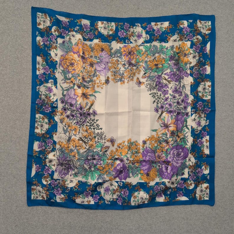 Vintage Silken by Berkshire Scarf Floral Print Blue Purple Orange Women's image 1