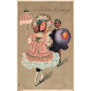 Antike Geburtstagskarte von 1908, Mädchen mit Sonnenschirm, geprägt, hergestellt in Deutschland Bild 1