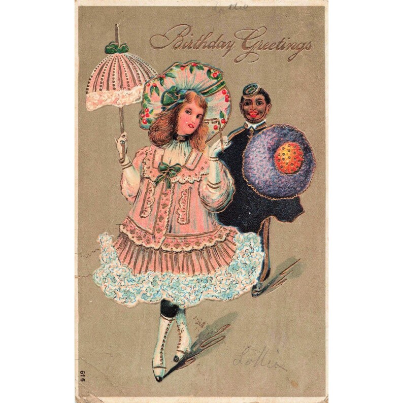 Antike Geburtstagskarte von 1908, Mädchen mit Sonnenschirm, geprägt, hergestellt in Deutschland Bild 1