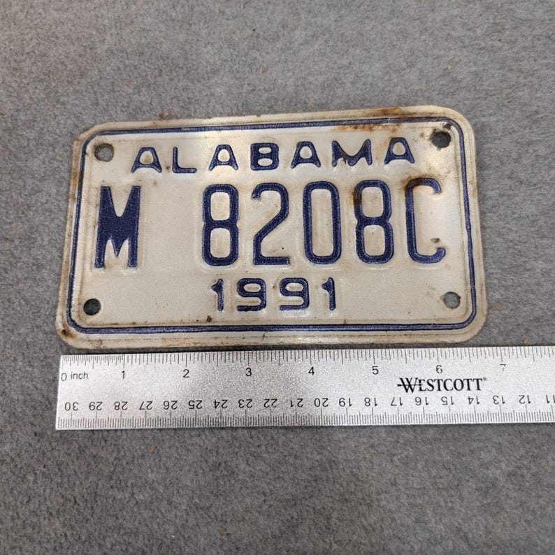 Vintage 1991 Alabama Motorcycle License Plate White Blue M 8208C Tag image 2