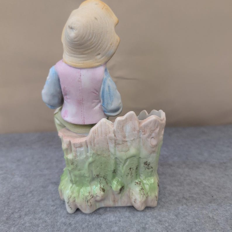 Vintage Boy Sitting on Tree Stump Figurine Planter Vase Porcelain Floral Japan image 4