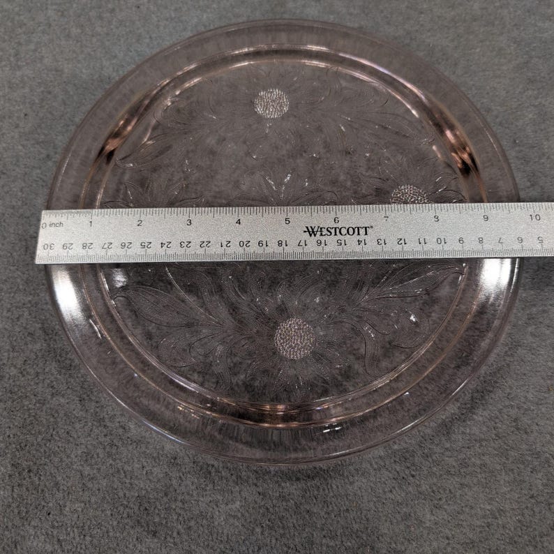 Jeannette Sunflower Pink Depression Glass 3 Footed Cake Plate Vintage 1930s image 7