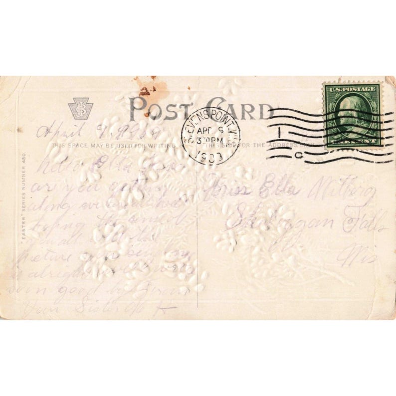 Cartão-postal antigo de Páscoa de 1908, RPPC Julius Bien Heather, em relevo, 4502 imagem 2