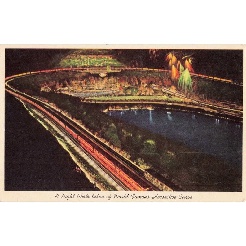 Vintage 1954 Horseshoe Curve Night Photo Postcard Altoona PA Pennsylvania RR image 1