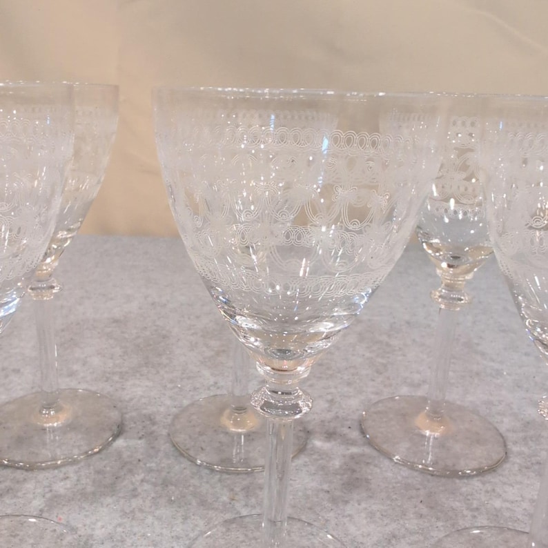 Vintage Etched Lace Crystal Wine Glasses Set of 8 Clear Stemmed Goblets image 2