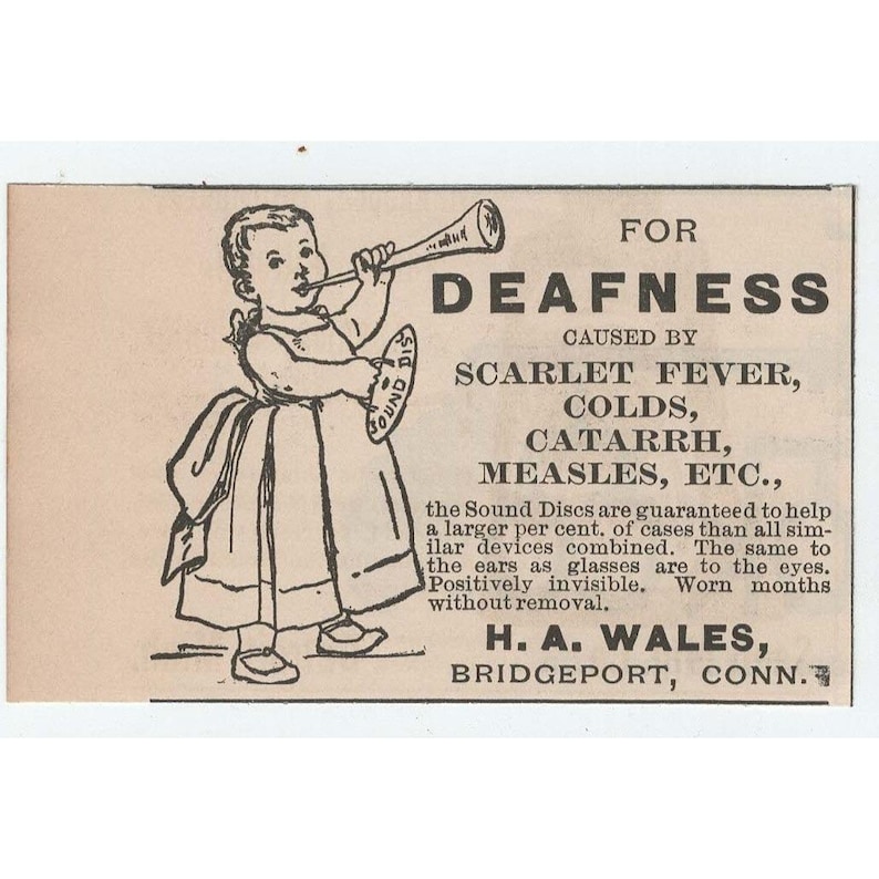 1891 H.A. Wales Sound Discs Deafness Print Ad Victorian Medical Advertising image 1