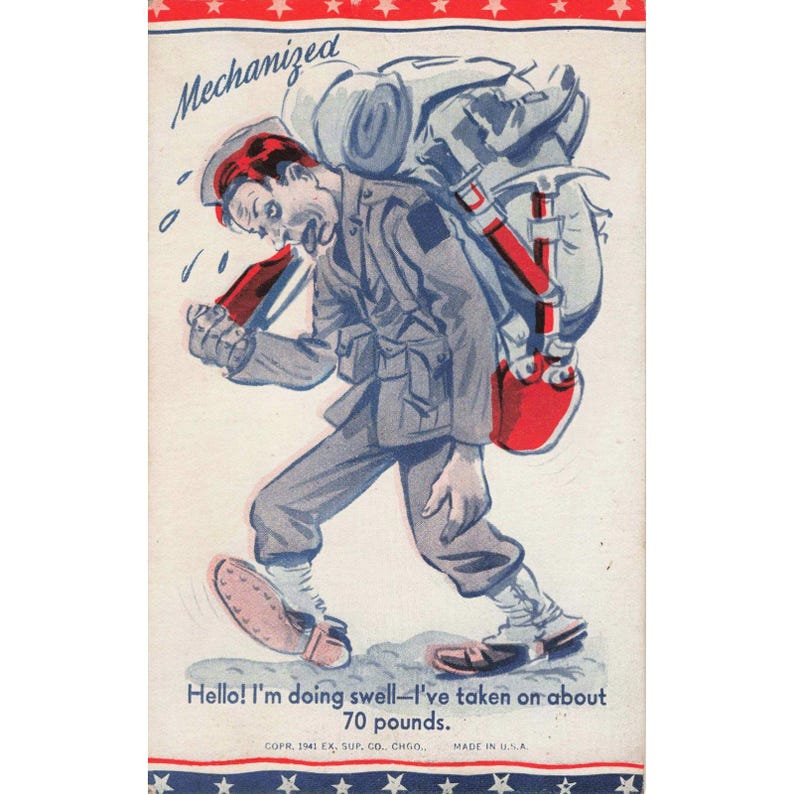 Vintage 1941 WWII Mechanized Soldier Comic Linen Postcard Humorous Military VG+ image 1