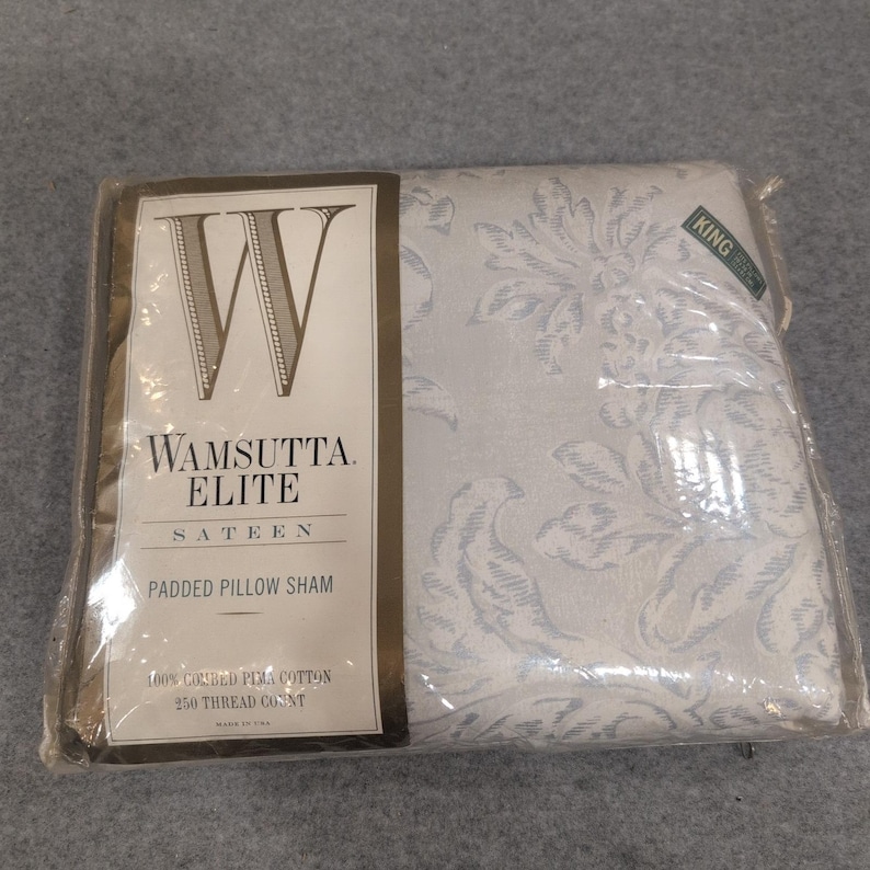 Wamsutta Elite Sateen Padded Pillow Sham King Damask 100% Pima Cotton White Blue image 1