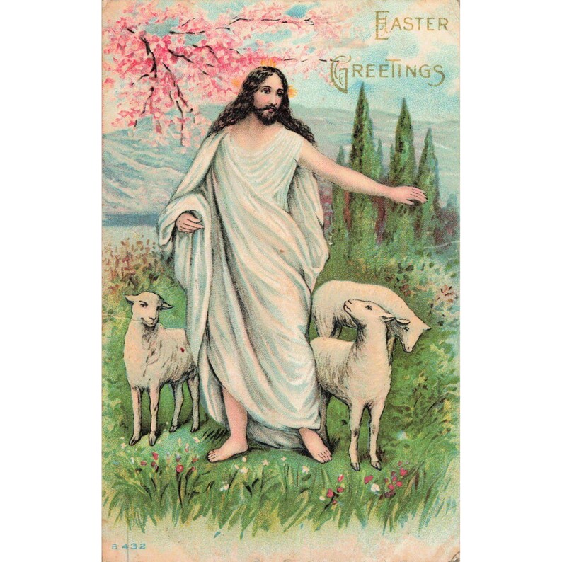 Vintage-Ostergrußkarte, Jesus, der Gute Hirte, Lämmer, Lithografie, 1915, Oswego, NY Bild 1