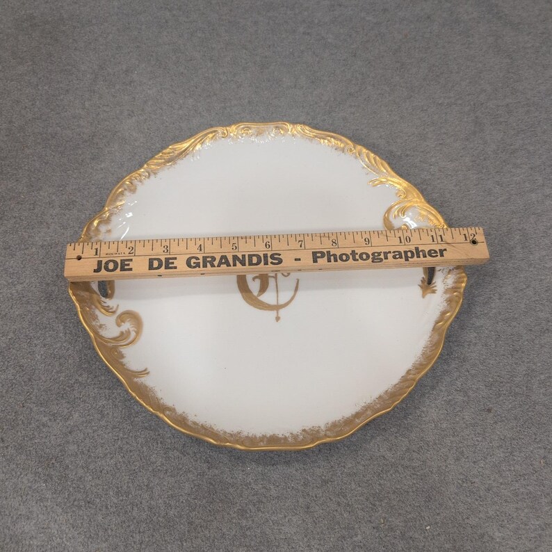 Annie Jones Hand Painted Porcelain Cake Plate Gold Gilt Monogram Scalloped White image 2