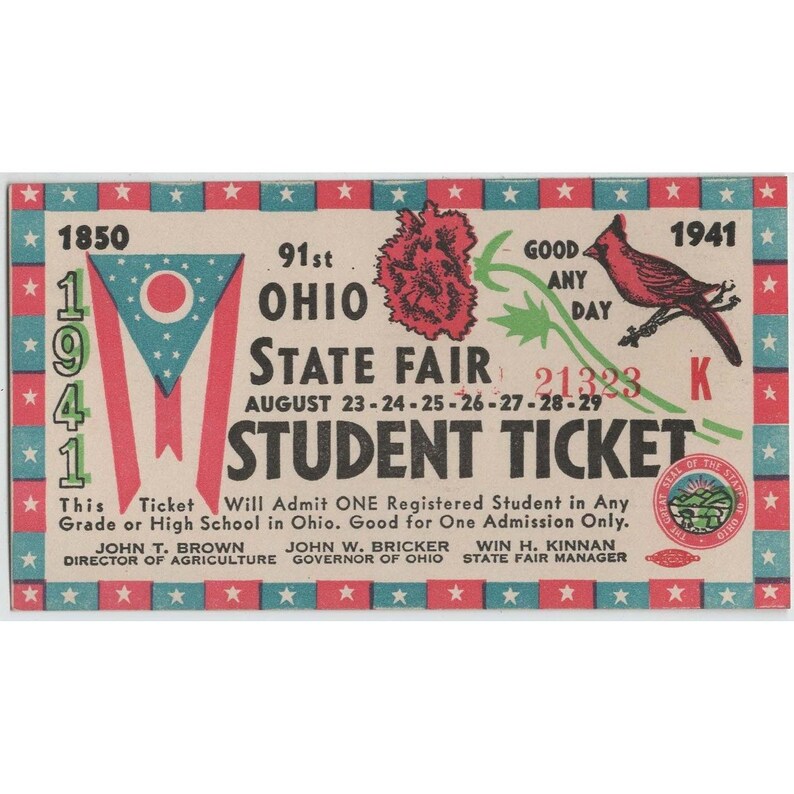 Vintage 1941 Ohio State Fair Student Ticket Original Ephemera Cardinal Flag image 1