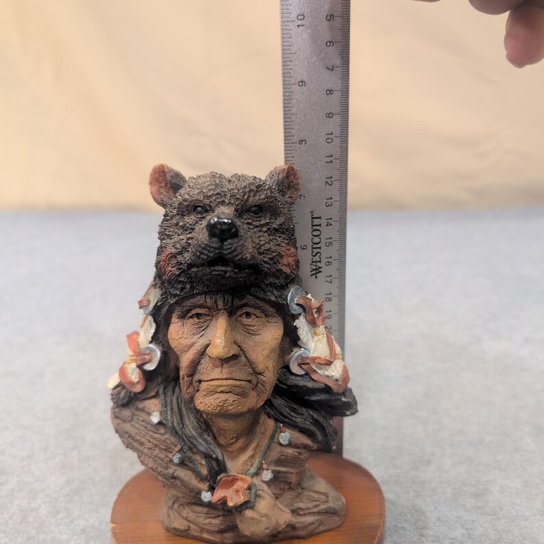 Native American Chief Bust Bear Headdress Feather Necklace Figurine Statue image 8