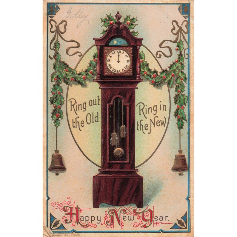 Vintage 1910 Happy New Year Postcard Grandfather Clock Holly Embossed H Wessler image 1