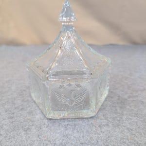 Vintage Clear Pressed Glass Hexagonal Trinket Box American Eagle Star Motif Lid image 1