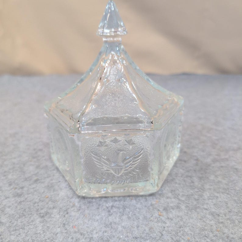 Vintage Clear Pressed Glass Hexagonal Trinket Box American Eagle Star Motif Lid image 1