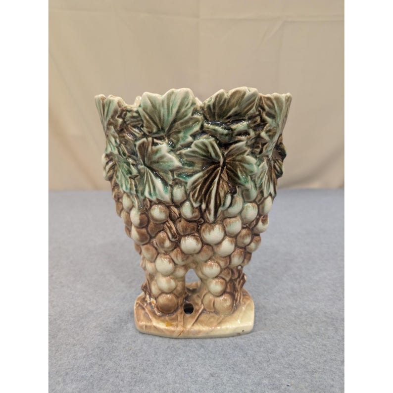 Vintage McCoy Pottery Grape and Leaf Relief Planter Green Brown Glaze Ceramic image 3