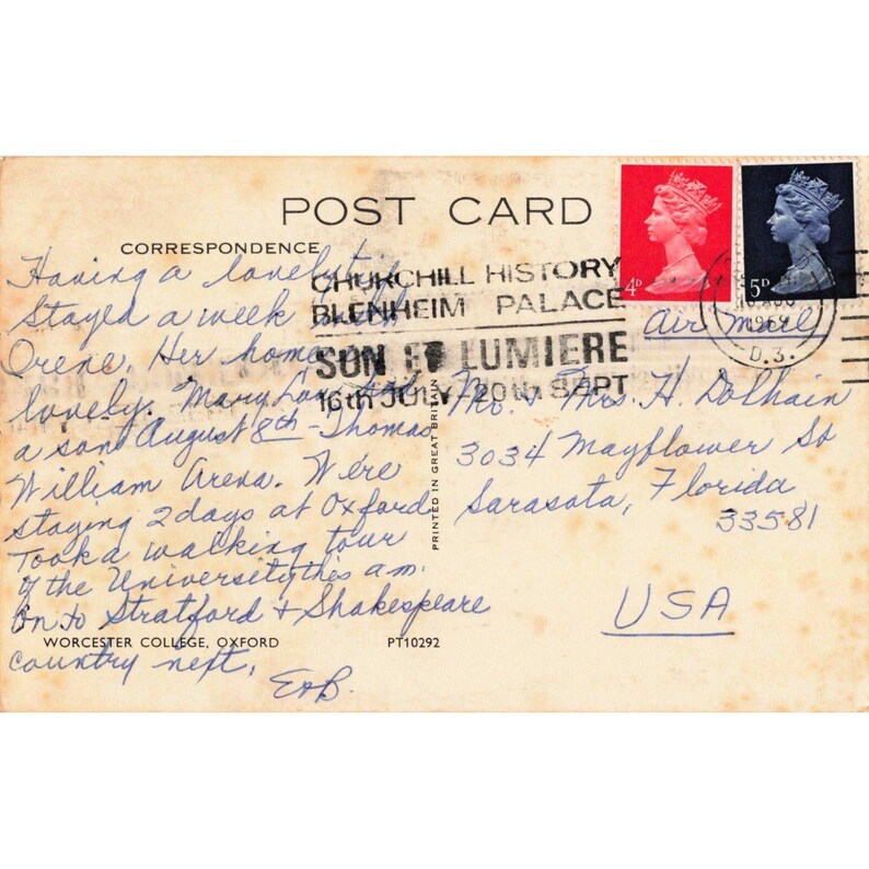 Vintage Worcester College Oxford Postcard Churchill Blenheim Palace Postmark VG image 2