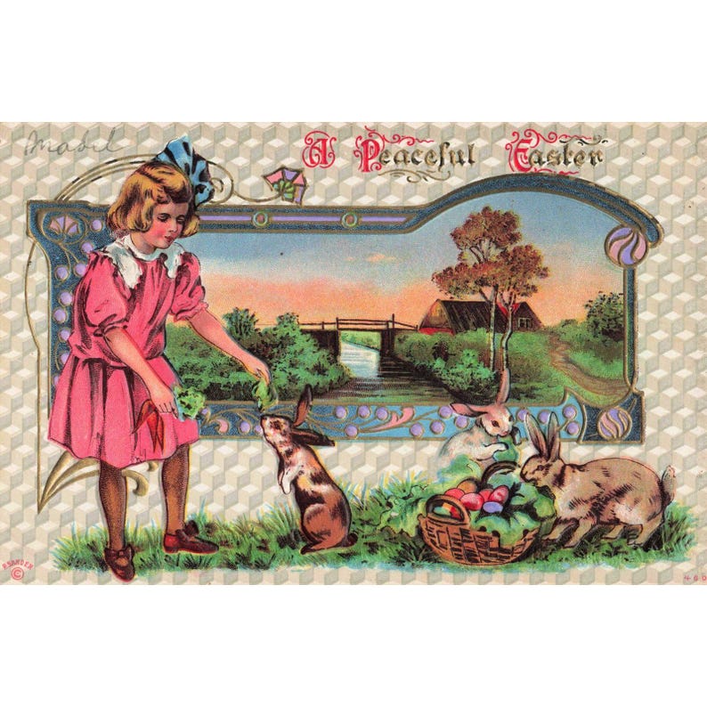 Vintage 1911 A Peaceful Easter Postcard Girl Feeding Rabbits P. Sander Embossed image 1