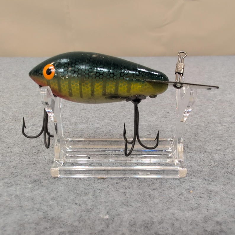 Vintage Wooden Bomber Fishing Lure Dark Green Yellow Red Orange Eye Treble Hooks image 1