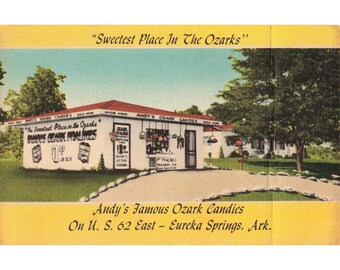 Cartão-postal vintage da Andy's Famous Ozark Candies, Eureka Springs, Arkansas, EUA, 62