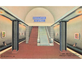 Cartão-postal vintage de linho com iniciais do metrô de Chicago, escadas rolantes e movimento.