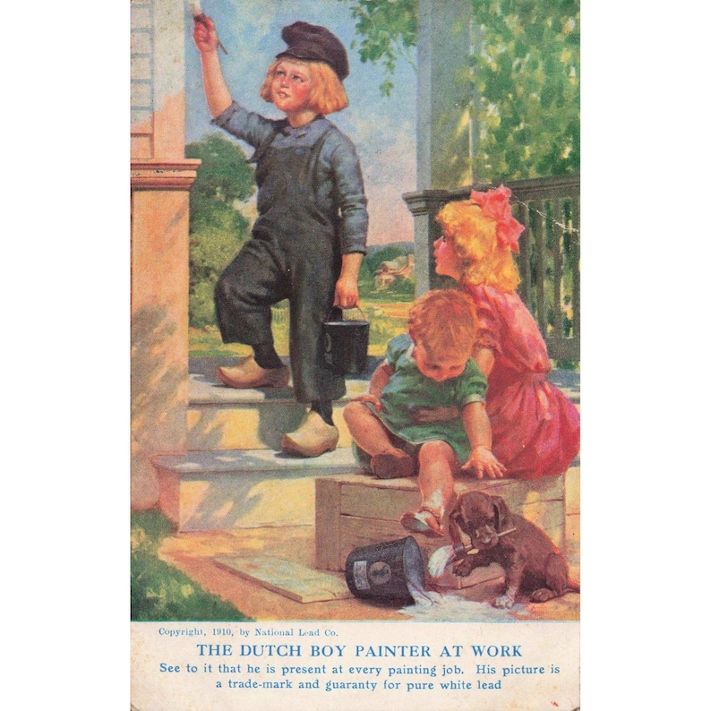Vintage ansichtkaart uit 1910 van een Nederlandse jongen die schildert, National Lead Co., Union NY 1913 afbeelding 1