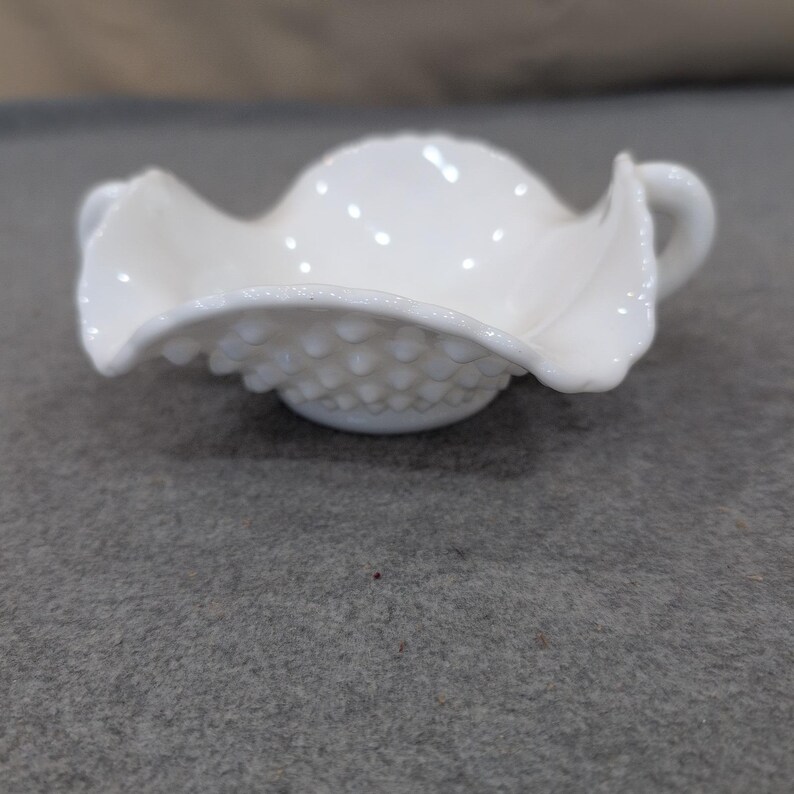 Fenton White Milk Glass Hobnail Ruffled Double Handled Bon Bon Candy Dish image 1