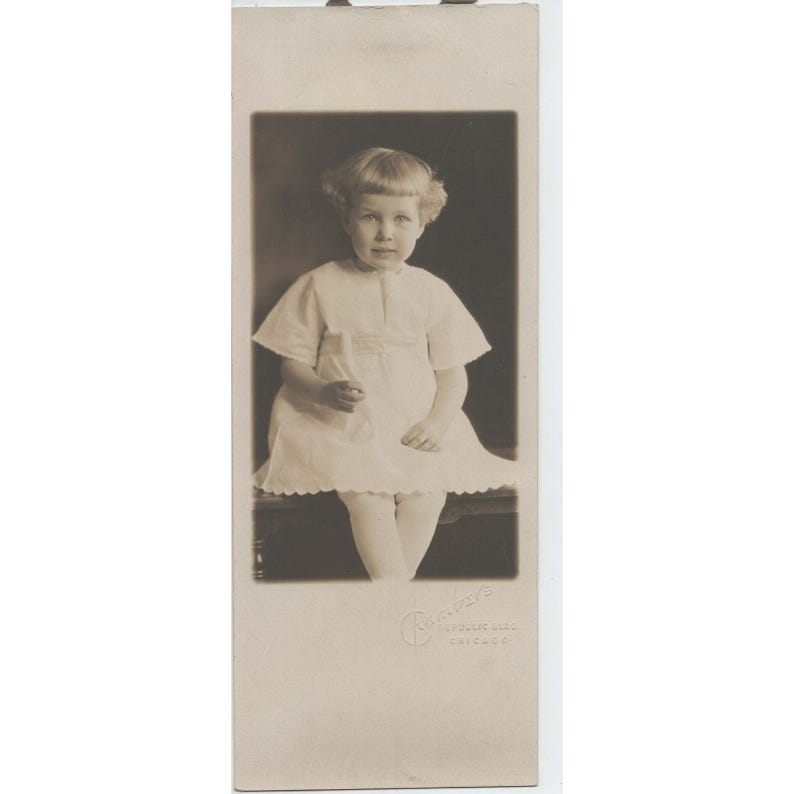 Antique Chambers Studio Chicago Sepia Portrait Child White Dress Cabinet Card image 1